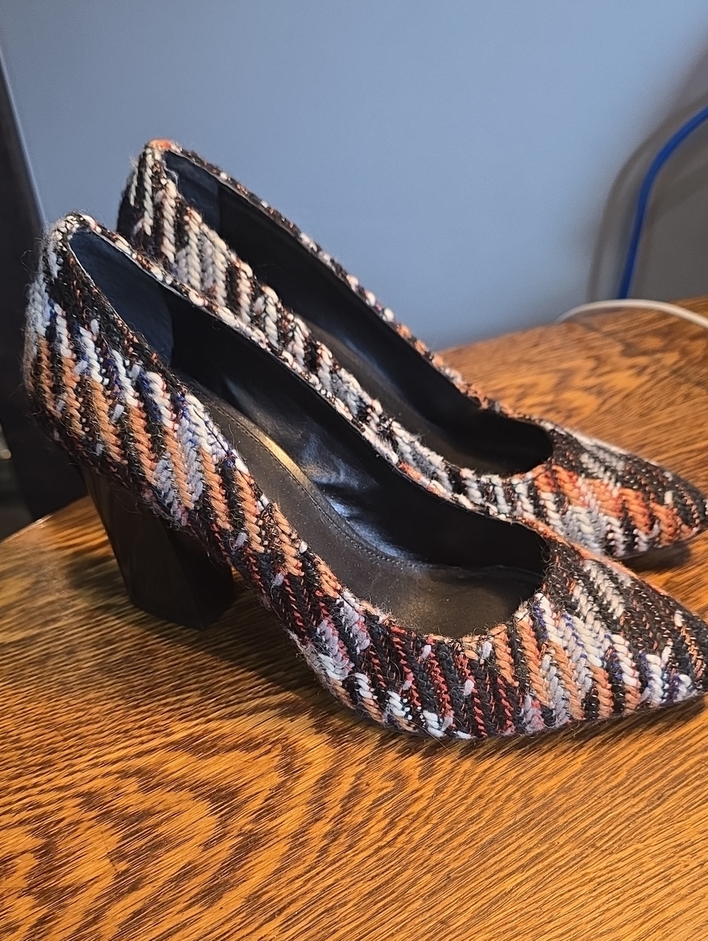 ANTONIO MELANI Black, Cream and Orange Woven Block Heel Pumps